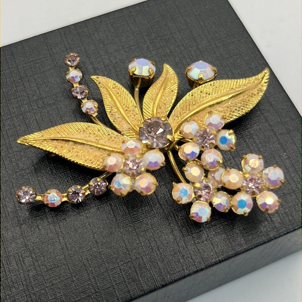 VTG 60's Austria AB Aurora Borealis Crystal Golden Leaf Brooch Jewelry 2"